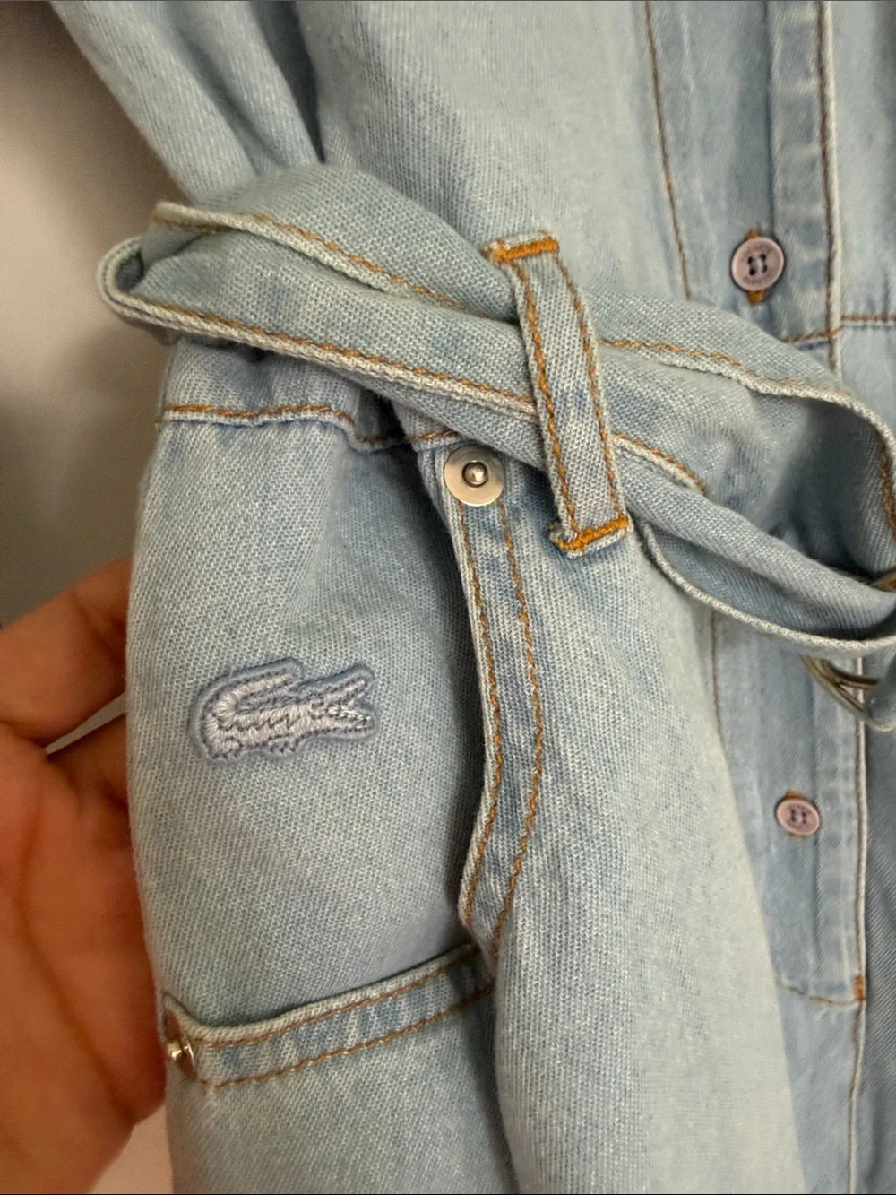 LACOSTE Light Blue Denim Belted Dress with Collar Sz 36 Long Sleeves Denim Mini - Picture 5 of 10
